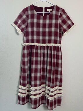 Hidden Alley Burgundy‎ Plaid Fringe Trim Dress Small Boho Chic Cottage Core